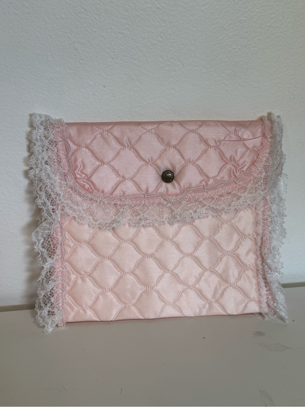 Vintage Pink Quilted Lace Trim Wallet /Clutch / toiletries bag